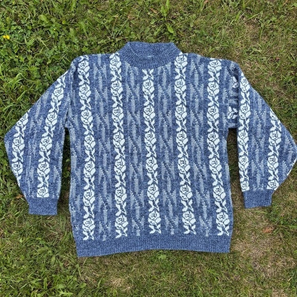 Vtg Haband For Her Pullover Knit Sweater Size L Blue White Floral Grandmacore - Picture 1 of 5
